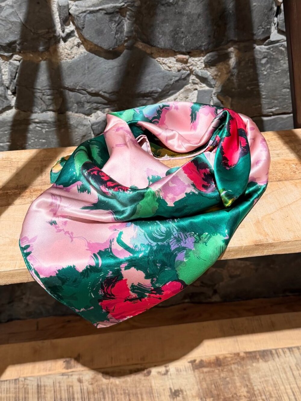 Balenciaga 2008 Green Floral Satin Silk Square Scarf